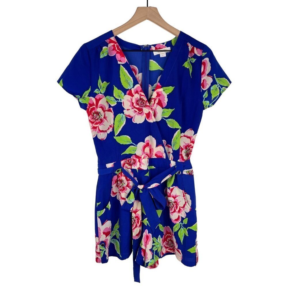 Yumi Kim Floral Romper Small VNeck Short Sleeve Belted Dodger Blue
